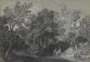 Paisaje boscoso con figuras y casas en la colina de Thomas Gainsborough